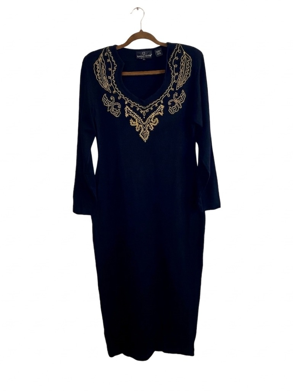 VTG Carole Little Embellished Knit Maxi Dress‎ Black Gold Beaded Wool Blend L